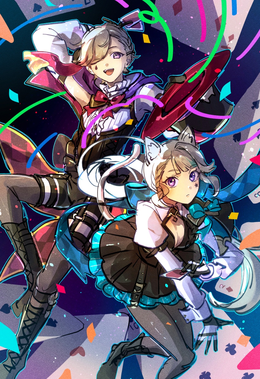 1boy, 1girl, ;d, absurdres, animal_ear_fluff, animal_ears, aqua_bow, aqua_bowtie