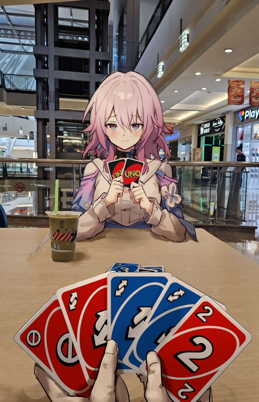1girl, 1other, absurdres, blush, cahangonn, card, closed_mouth, clothing_cutout, commentary, cup, disposable_cup, elbows_on_table, english_commentary, hair_between_eyes, highres, holding, holding_card, honkai:_star_rail, honkai_(series), indoors, long_sleeves, looking_at_viewer, mall, march_7th_(honkai:_star_rail), march_7th_(preservation)_(honkai:_star_rail), meme, photo_background, pink_eyes, pink_hair, playing_card, pov, pov_hands, shirt, short_hair, shoulder_cutout, smile, smug, solo_focus, uno_(game), white_shirt
