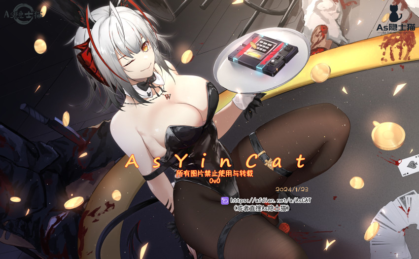 1girl, alternate_costume, arknights, as_yinshimao, bare_shoulders, black_bow, black_bowtie, black_leotard