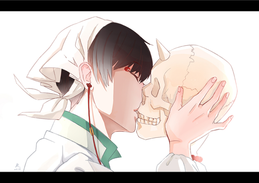 1girl, bead_bracelet, beads, black_hair, bracelet, closed_eyes, collared_shirt, commentary_request