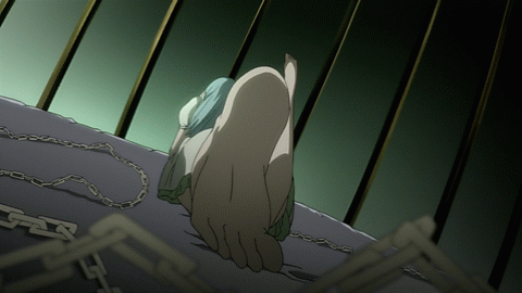 10s, 1girl, animated, animated_gif, barefoot, blue_hair, cage, chain, dress, dutch_angle, feet, female_focus, indoors, kita_no_miko, lowres, lying, on_stomach, sakana_(star_driver), soles, solo, star_driver, toes