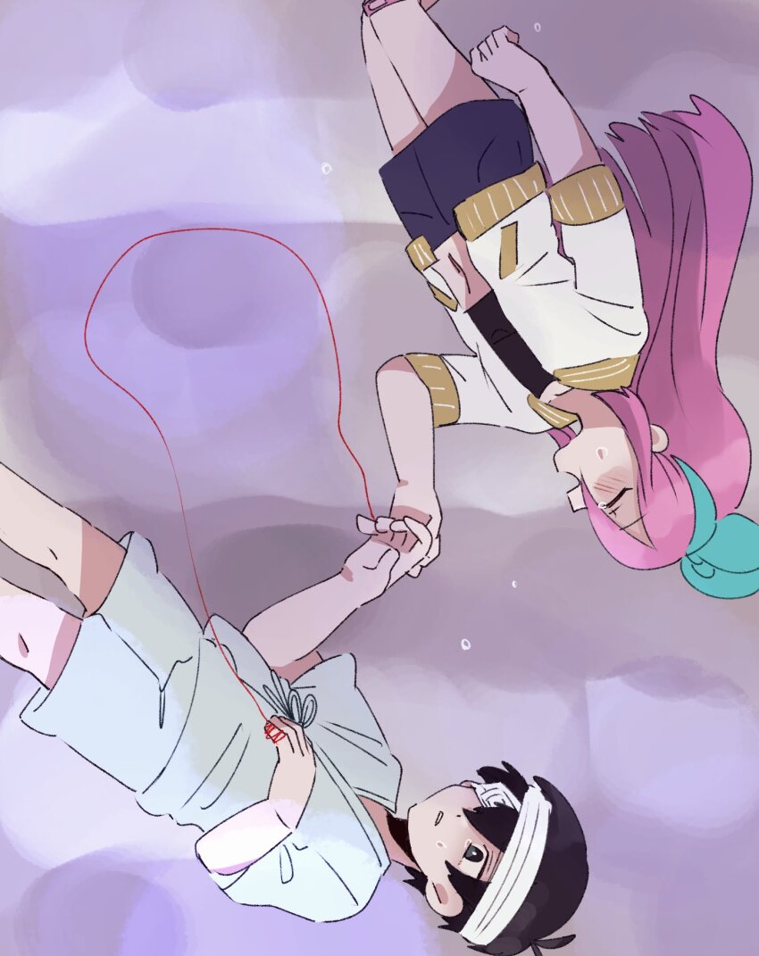 1boy, 1girl, andou_(sino_spkt), aqua_hairband, aubrey_(faraway)_(omori), aubrey_(omori), bandage_over_one_eye, bandaged_head