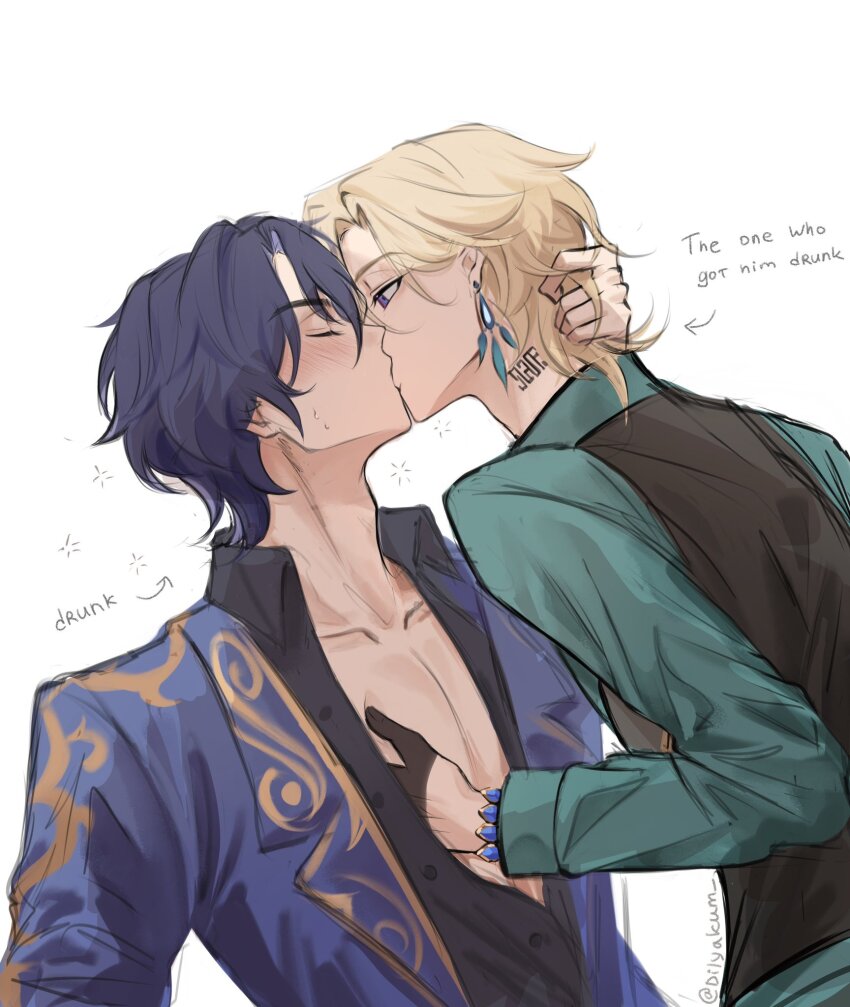 2boys, aqua_hair, aventurine_(final_victor)_(honkai:_star_rail), aventurine_(honkai:_star_rail), black_gloves, black_shirt, black_vest, blonde_hair