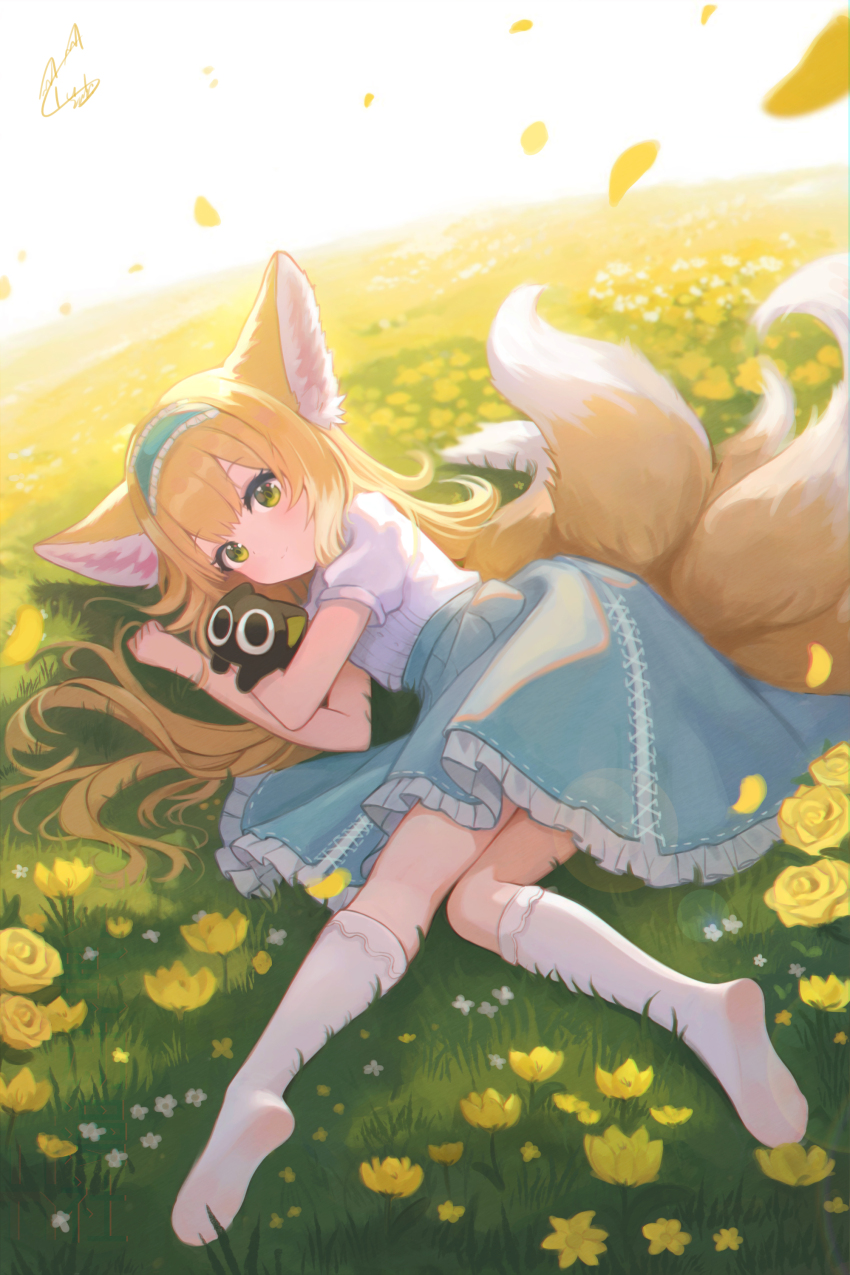 1girl, absurdres, animal_ears, arknights, black_cat, blonde_hair, blue_hairband, blue_skirt, blush, cat, chinese_commentary, closed_mouth, commentary_request, cross-laced_clothes, cross-laced_skirt, cross-laced_slit, fox_ears, fox_girl, fox_tail, frilled_hairband, frilled_skirt, frills, grass, green_eyes, hairband, highres, kitsune, kneehighs, kyuubi, looking_at_viewer, luo_xiaohei, luo_xiaohei_(cat), luo_xiaohei_zhanji, multiple_tails, no_shoes, official_alternate_costume, on_ground, outdoors, puffy_short_sleeves, puffy_sleeves, qingye_tuanzi, shirt, short_sleeves, skirt, smile, socks, soles, suzuran_(arknights), suzuran_(spring_praise)_(arknights), tail, white_shirt, white_socks