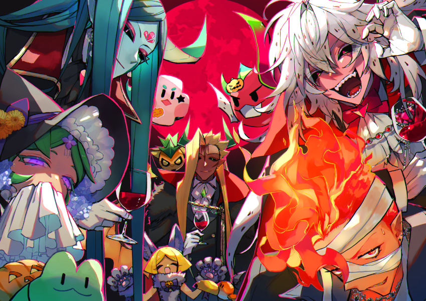 1girl, 2boys, 3others, alcohol, alternate_costume, ananas_dragon_cookie, animal, animal_ears