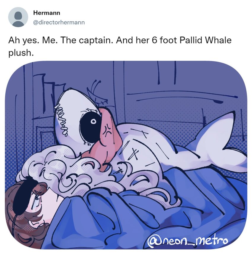 2girls, 500_dollar_four_foot_tall_mareep_(meme), ahab_(project_moon), anger_vein, blanket, bug, character_doll, cockroach, doll, english_text, grey_hair, hermann_(project_moon), highres, holding, holding_stuffed_toy, insect, limbus_company, long_hair, meme, multiple_girls, muscular, muscular_female, neon_metro, old, old_woman, project_moon, sleep_mask, stuffed_animal, stuffed_toy, the_pallid_whale, twitter, twitter_username, under_covers, wavy_hair, yuri