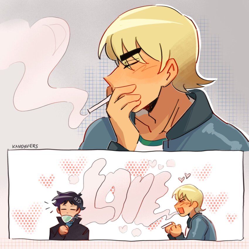 2boys, artist_name, black_hair, black_jacket, blonde_hair, blue_jacket, cigar, heart