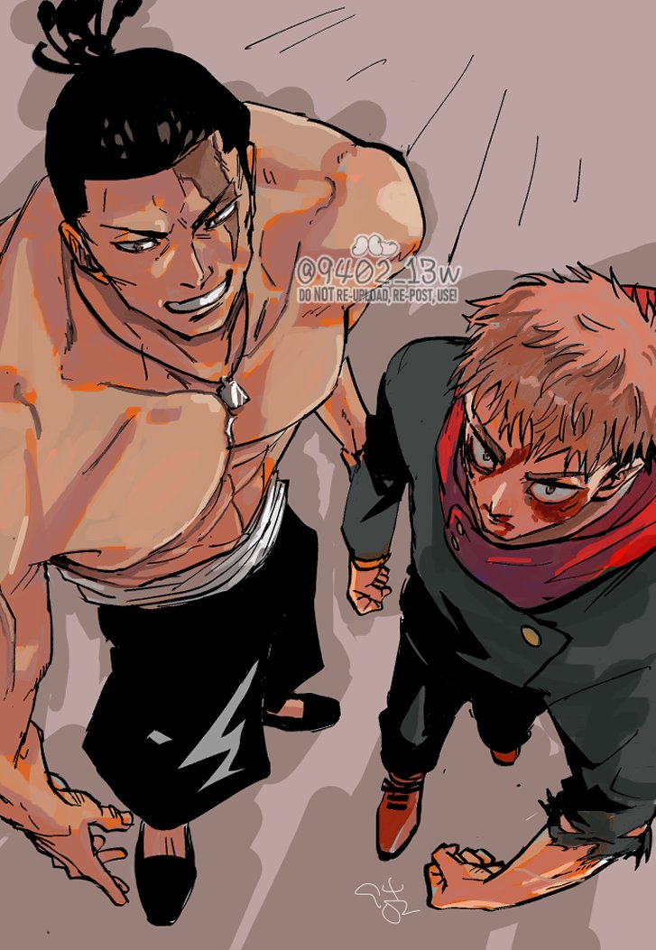 2boys, 9402_13w, arms_at_sides, black_hair, from_above, grin, itadori_yuji, jewelry