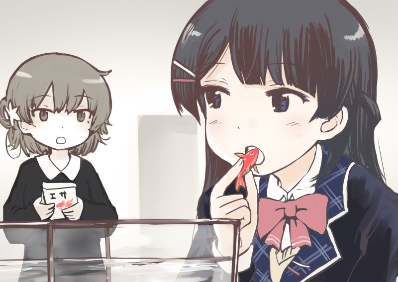 2girls, animal, bag, black_dress, black_hair, black_jacket, blazer, blue_eyes