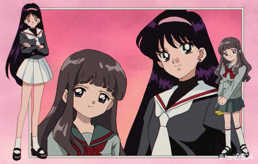 1990s_(style), 2girls, ankle_socks, artist_name, bishoujo_senshi_sailor_moon, black_footwear, black_hair, black_shirt, border, bow, bowtie, cardcaptor_sakura, cosplay, costume_switch, crossed_arms, crossover, daidouji_tomoyo, daidouji_tomoyo_(cosplay), earrings, full_body, grey_jacket, grey_skirt, hairband, hino_rei, hino_rei_(cosplay), jacket, jewelry, long_hair, looking_at_viewer, madhouse, multiple_girls, multiple_views, necktie, own_hands_together, pink_background, pink_hairband, pleated_skirt, red_bow, red_bowtie, retro_artstyle, sailor_collar, school_uniform, shirt, skirt, smile, socks, standing, ta_girls_school_uniform, tam_(tam0804), toei_company, tomoeda_elementary_school_uniform, tomoeda_middle_school_uniform, upper_body, white_necktie, white_sailor_collar, white_skirt, white_socks