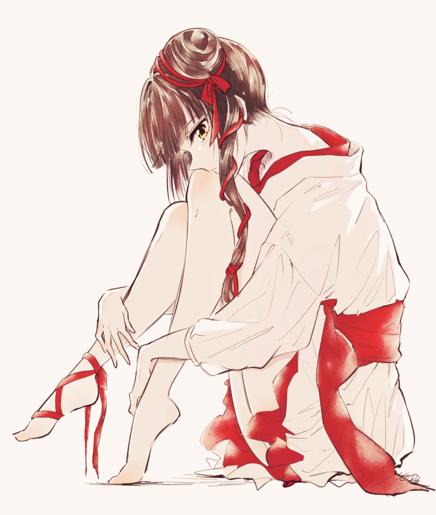 1girl, dress, full_body, hair_bun, hair_ribbon, highres, knees_together_feet_apart, knees_up