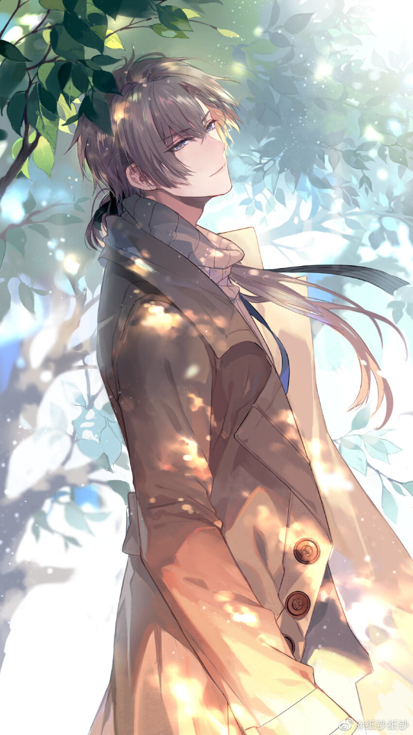 1boy, black_ribbon, brown_coat, brown_hair, buttons, closed_mouth, coat, cowboy_shot