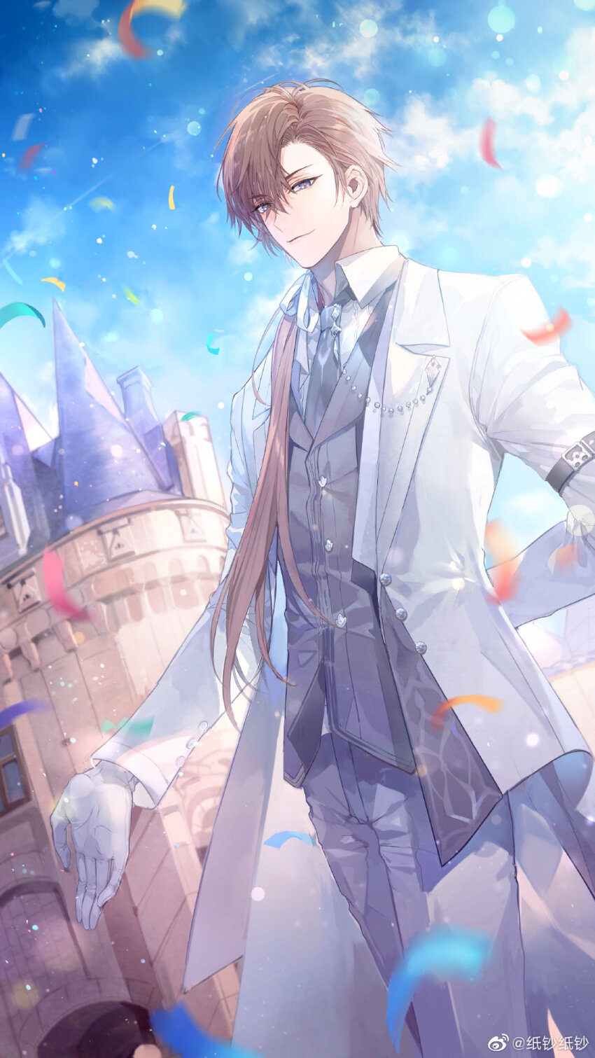 1boy, arm_behind_back, asymmetrical_bangs, blurry, brown_hair, castle, closed_mouth, cloud