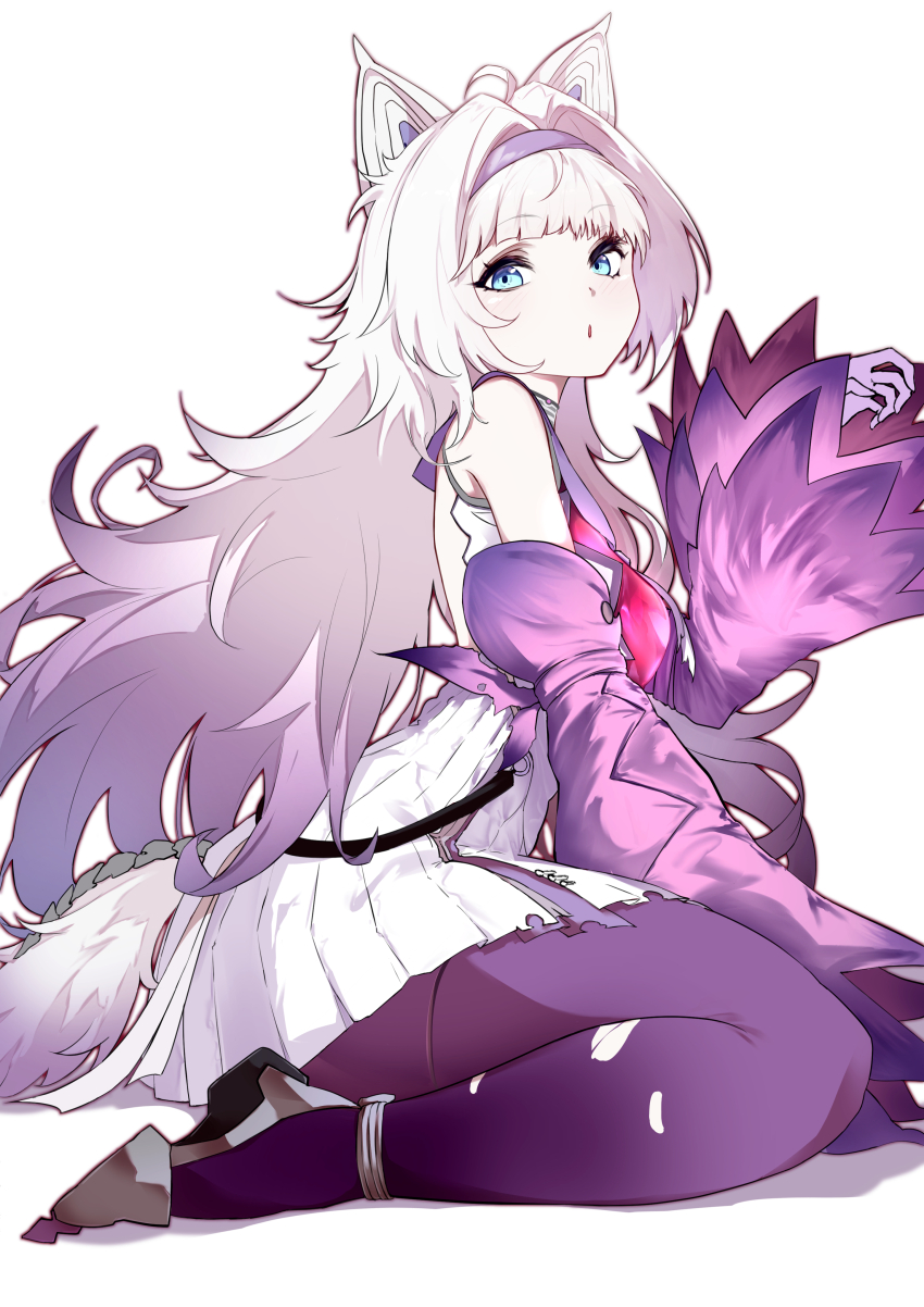 1girl, absurdres, ahoge, animal_ears, backless_dress, backless_outfit, blue_eyes, detached_sleeves