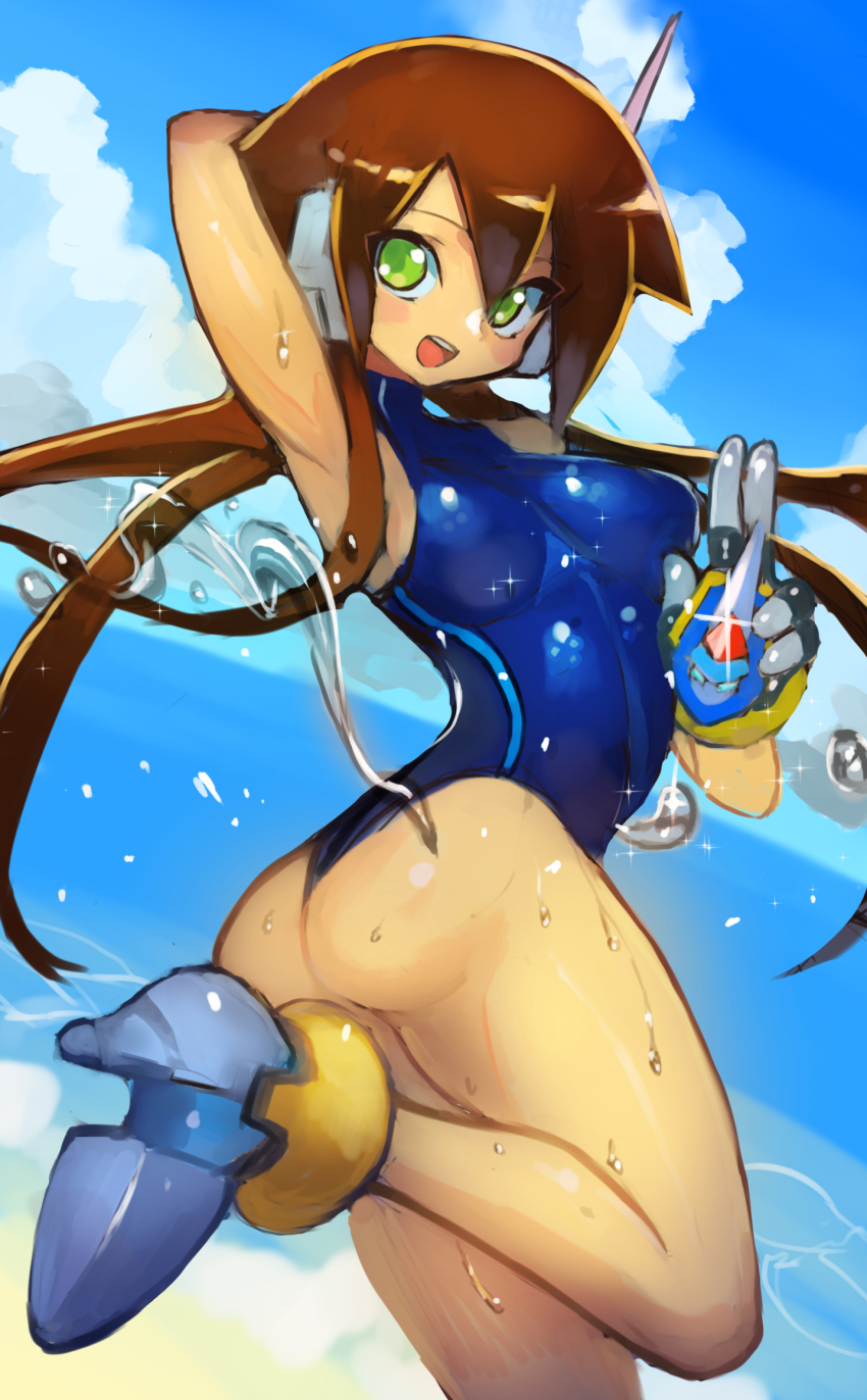 aile_(mega_man_zx), arm_behind_head, armpits, ass, beach, blue_footwear, blue_one-piece_swimsuit, blue_sky, blush_stickers, breasts, brown_hair, cloud, dakusuta, green_eyes, highres, long_hair, looking_at_viewer, medium_breasts, mega_man_(series), mega_man_zx, mega_man_zx_advent, model_l_(mega_man), ocean, one-piece_swimsuit, robot_ears, sand, sky, splashing, swimsuit, very_long_hair, water