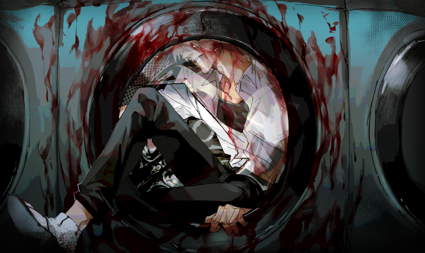 1boy, akagi:_yami_ni_oritatta_tensai, akagi_shigeru, black_pants, blood, blood_drip, blood_splatter, collared_shirt, commentary_request, fukumoto_mahjong, full_body, grin, highres, houlong_siche, in_washing_machine, male_focus, pants, shirt, shoes, short_hair, smile, solo, undershirt, washing_machine, white_hair, white_shirt, white_shoes