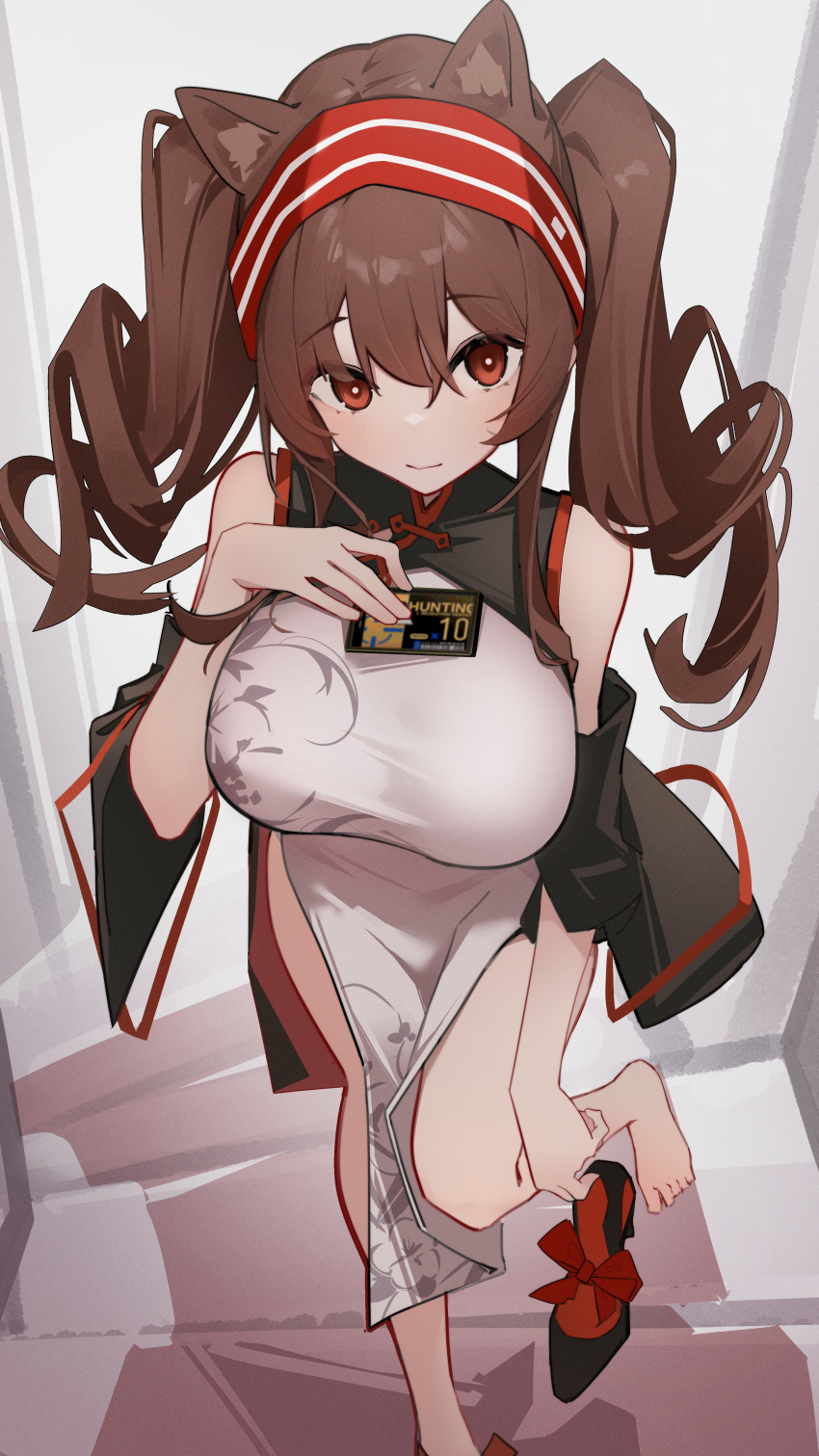 1girl, absurdres, angelina_(arknights), animal_ears, arknights, breasts, brown_hair, chichi_guai