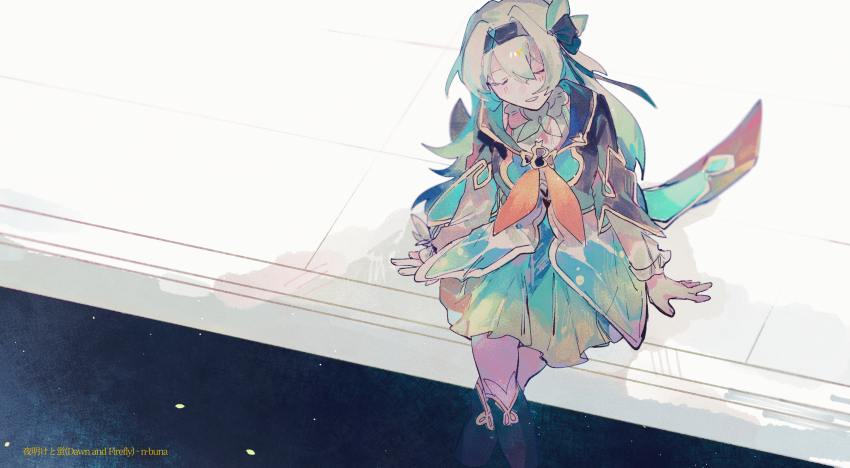 1girl, aqua_skirt, black_hairband, black_socks, brown_jacket, cropped_jacket, crossed_legs, firefly_(honkai:_star_rail)