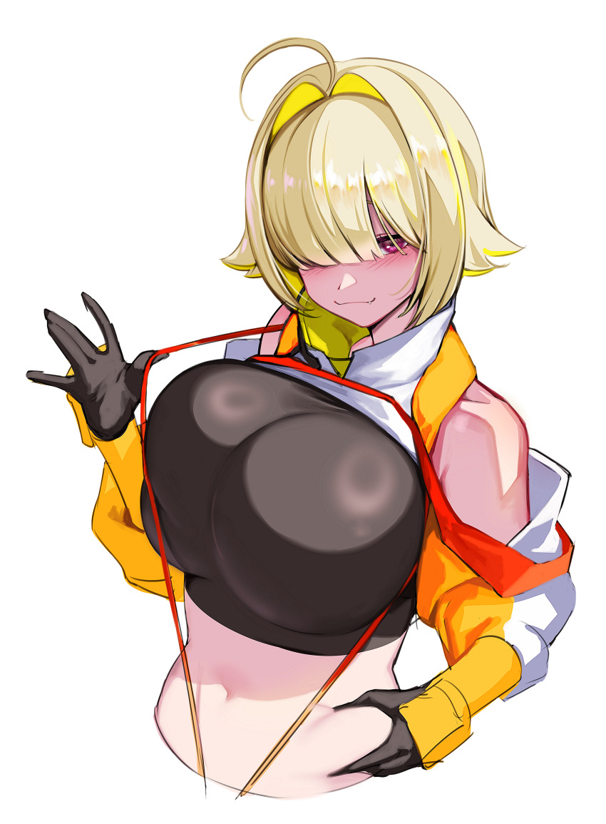 1girl, absurdres, ahoge, bare_shoulders, blonde_hair, blush, closed_mouth, elegg_(nikke)