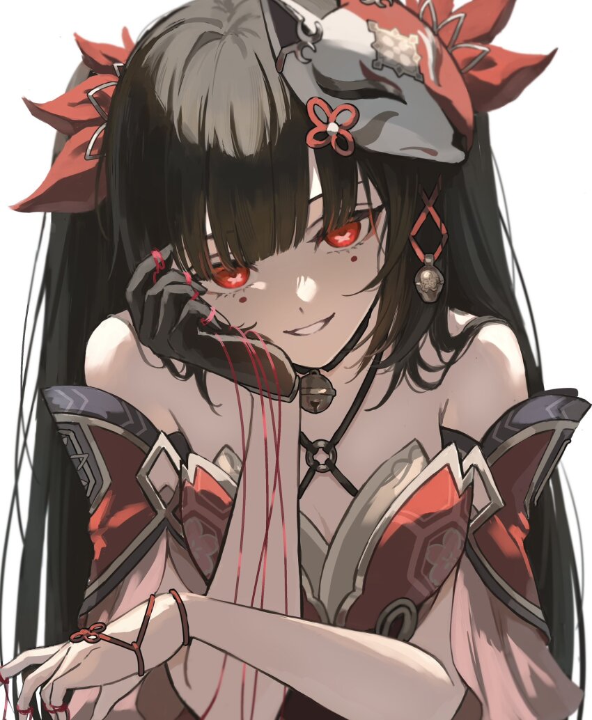 1girl, bell, breasts, brown_hair, cleavage, evil_grin, evil_smile, fox_mask, grin, hair_ornament, hand_on_own_cheek, hand_on_own_face, highres, holding, holding_string, honkai:_star_rail, honkai_(series), japanese_clothes, looking_at_viewer, makeup, mask, mask_on_head, misaki_(mskmmti), neck_bell, red_eyes, smile, solo, sparkle_(honkai:_star_rail), string, twintails, white_background