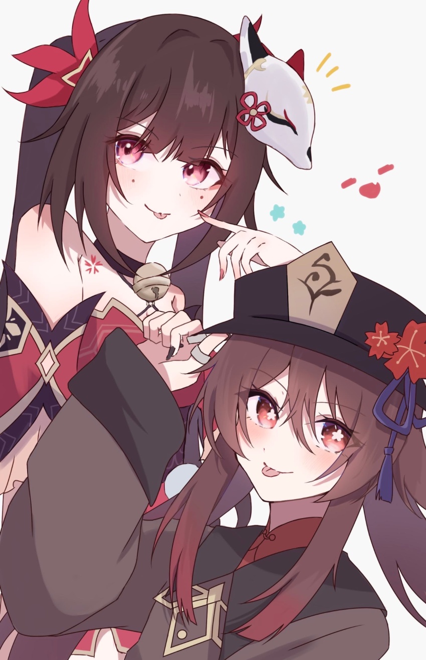 2girls, 961_kuru, arm_up, bare_shoulders, bell, black_choker, black_headwear, black_nails, blush, branch, breasts, brown_coat, brown_hair, choker, closed_mouth, coat, collared_coat, company_connection, crossover, detached_sleeves, dress, fingernails, flower, flower-shaped_pupils, flower_tattoo, fox_mask, genshin_impact, gradient_hair, hair_between_eyes, hair_ornament, hand_up, hat, hat_flower, hat_ornament, hat_ribbon, highres, honkai:_star_rail, honkai_(series), hu_tao_(genshin_impact), index_finger_raised, long_fingernails, long_hair, long_sleeves, looking_at_viewer, looking_to_the_side, mandarin_collar, mask, mask_on_head, medium_breasts, mihoyo, mole, mole_under_each_eye, mole_under_eye, multicolored_hair, multiple_girls, multiple_moles, nail_polish, neck_bell, pink_eyes, purple_ribbon, red_dress, red_eyes, red_flower, red_hair, red_shirt, ribbon, shirt, sidelocks, simple_background, smile, sparkle_(honkai:_star_rail), standing, symbol-shaped_pupils, tassel, hat_tassel, tattoo, tongue, tongue_out, twintails, white_background, white_mask, wide_sleeves, wing_collar