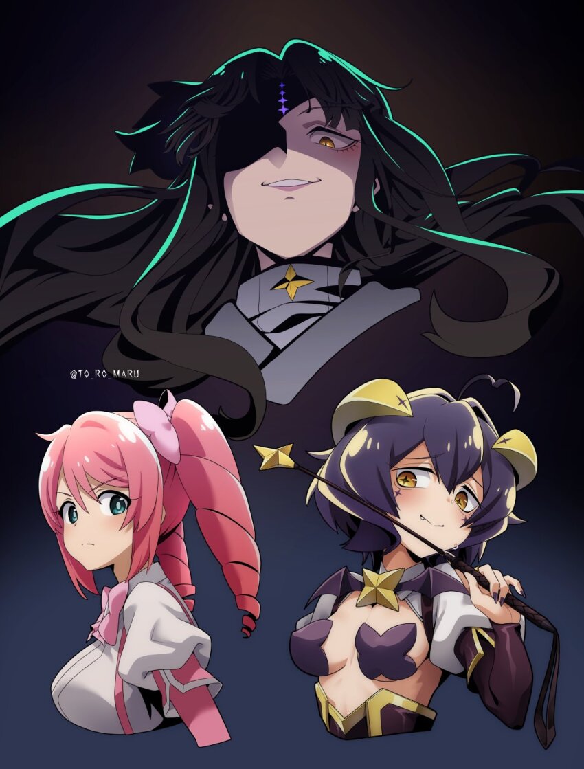 3girls, ahoge, aqua_eyes, black_hair, breastless_clothes, breasts, cropped_torso, dark_background