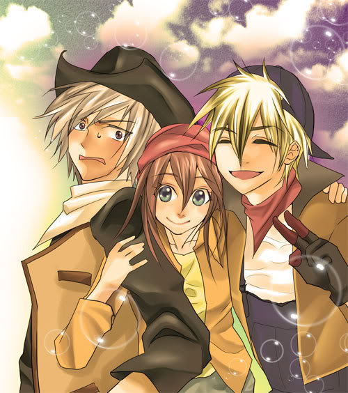 2boys, artist_request, blonde_hair, blue_eyes, brown_hair, chelsea_(harvest_moon), gloves, harvest_moon