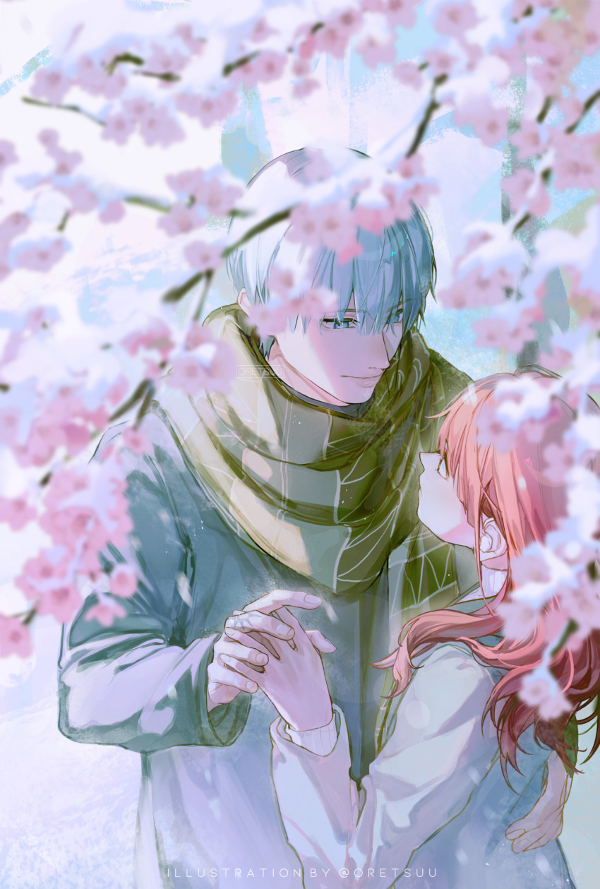 1boy, 1girl, artist_name, blue_eyes, brown_scarf, cherry_blossoms, coat, day