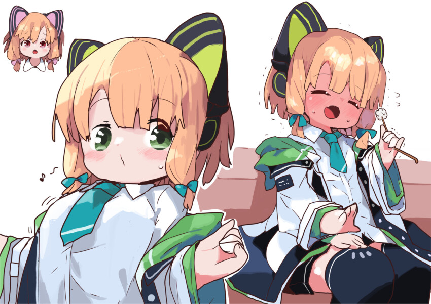2girls, afterimage, animal_ear_headphones, animal_ears, black_shorts, black_thighhighs, blonde_hair, blue_archive