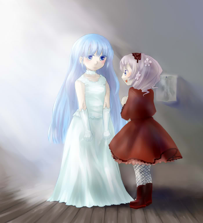 2girls, artist_request, eye_contact, harvest_moon, kotomi_(bokujou_monogatari), looking_at_another, multiple_girls, roomi_(bokujou_monogatari)