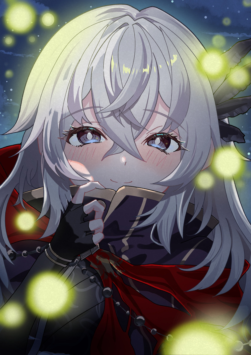 1girl, absurdres, beads, black_feathers, black_gloves, black_kimono, blue_cape, blush, cape, cape_pull, closed_mouth, cloud, commentary_request, crossed_bangs, double-parted_bangs, elbow_gloves, eyelashes, fate/grand_order, fate_(series), feather_hair_ornament, feathers, fingerless_gloves, fireflies, gloves, grey_eyes, grey_hair, hair_between_eyes, hair_ornament, highres, japanese_clothes, kimono, long_bangs, looking_at_viewer, night, portrait, print_kimono, red_cape, saika_magoichi_(fate), sky, smile, solo, straight-on, torn_cape, torn_clothes, yuritoame