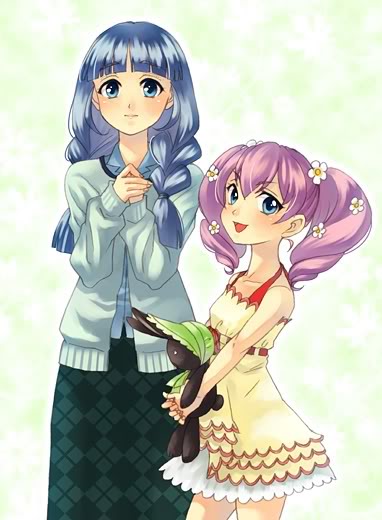 blue_eyes, blue_hair, blunt_bangs, braid, cardigan, harvest_moon, kotomi_(bokujou_monogatari), lolita_fashion