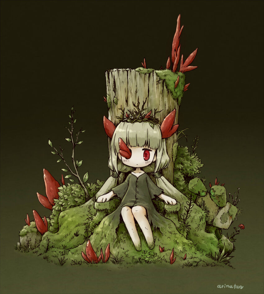 1girl, arinu, arm_rest, barefoot, blunt_bangs, blush, branch, bush, chibi, closed_mouth, commentary_request, crown, dirty, dirty_feet, dress, expressionless, faux_figurine, flower, gradient_background, green_background, green_dress, highres, horns, long_hair, looking_at_viewer, low_twintails, missing_eye, moss, on_throne, overgrown, red_eyes, red_flower, robot_(void_terrarium), sapling, short_sleeves, sidelocks, sitting, solo, straight-on, throne, toriko_(void_terrarium), torn_clothes, torn_dress, tree_stump, twintails, very_long_hair, void_terrarium