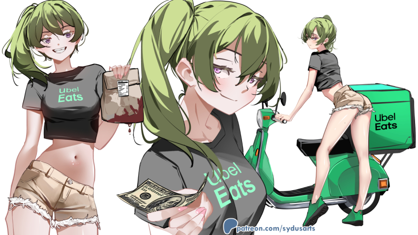 1girl, bag, black_shirt, brown_shorts, closed_mouth, commentary, cowboy_shot, cropped_shirt, english_commentary, full_body, green_footwear, holding, holding_bag, holding_money, looking_at_viewer, midriff, money, motor_vehicle, multiple_views, nameplay, navel, patreon_username, purple_eyes, scooter, shirt, short_sleeves, shorts, simple_background, smile, sousou_no_frieren, standing, sydus, ubel_(sousou_no_frieren), uber_eats, white_background