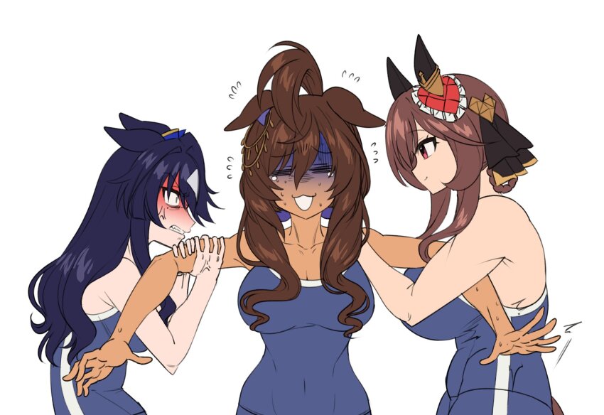 3girls, anger_vein, animal_ears, arm_grab, bare_shoulders, blue_hair, braid, breasts, brown_hair, cleavage, clenched_teeth, closed_eyes, collarbone, commentary, competition_school_swimsuit, covered_navel, dark-skinned_female, dark_blue_hair, dark_skin, ear_ornament, ears_back, ears_down, flying_sweatdrops, folded_ponytail, fukuro_(maruaru00), gentildonna_(umamusume), hair_between_eyes, hair_intakes, hair_ornament, heart, heart_hair_ornament, highres, horse_ears, horse_girl, jealous, king_kamehameha_(umamusume), long_hair, mole, mole_under_eye, multicolored_hair, multiple_girls, nervous_sweating, red_eyes, school_swimsuit, sidelocks, simple_background, sweat, swimsuit, teeth, two-tone_hair, umamusume, umamusume_horse_relations, verxina_(umamusume), wavy_hair, white_background, white_hair