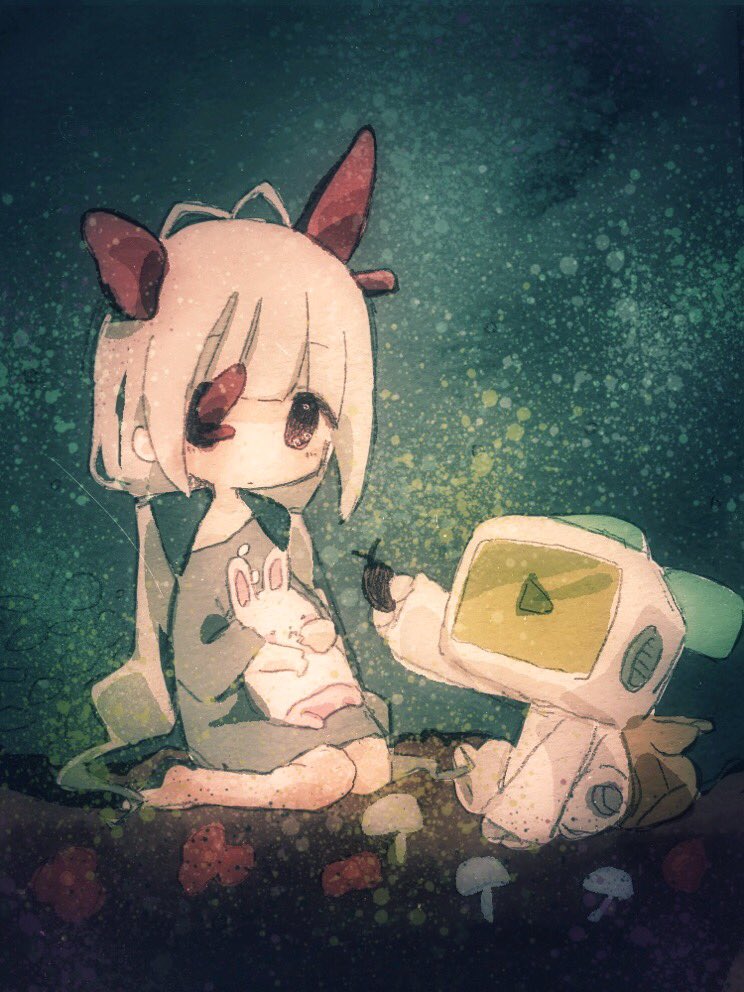 1girl, animal, antenna_hair, barefoot, blush, bug, chibi, closed_mouth