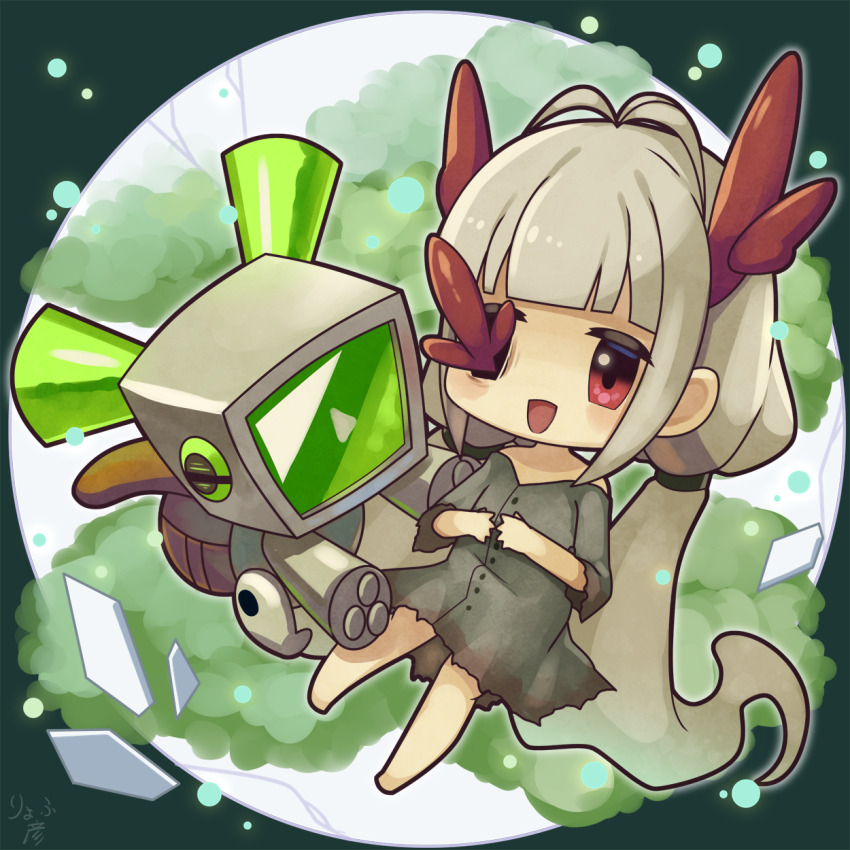 1girl, antenna_hair, barefoot, blunt_bangs, blush, border, bush, buttons