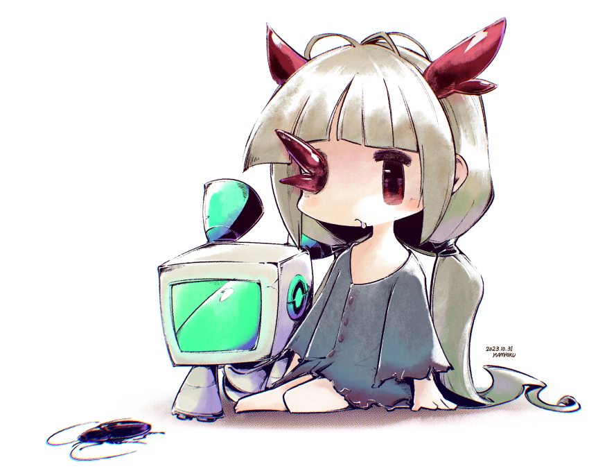 1girl, :<, artist_name, barefoot, blunt_bangs, blush, bug, buttons