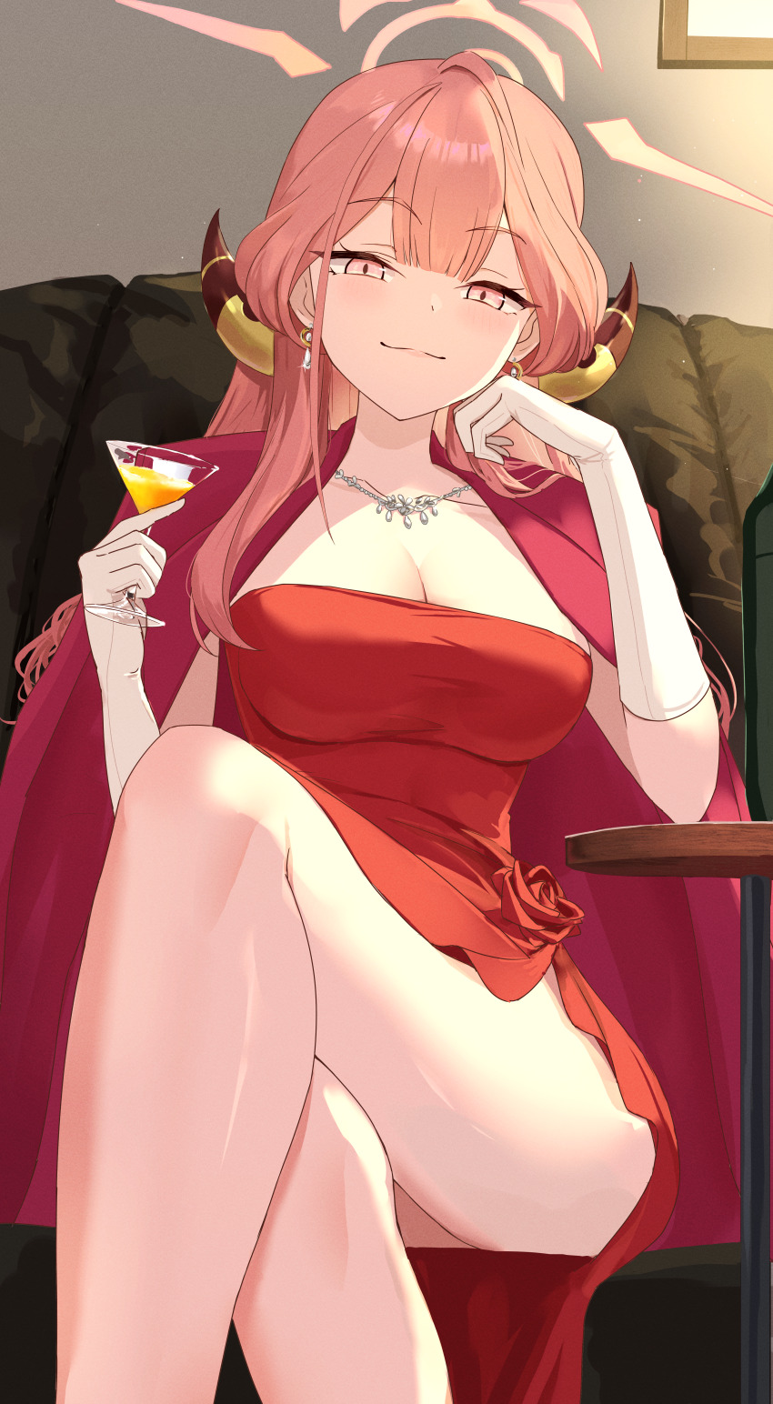 1girl, absurdres, aru_(blue_archive), aru_(dress)_(blue_archive), ass, blue_archive, breasts, brown_horns, cleavage, closed_mouth, coat, coat_on_shoulders, cup, demon_horns, den_(den1115_), dress, feet_out_of_frame, gloves, halo, highres, holding, holding_cup, horns, large_breasts, long_hair, looking_at_viewer, official_alternate_costume, pink_hair, pink_halo, red_coat, red_dress, sitting, sleeveless, sleeveless_dress, smile, solo, white_gloves, yellow_eyes