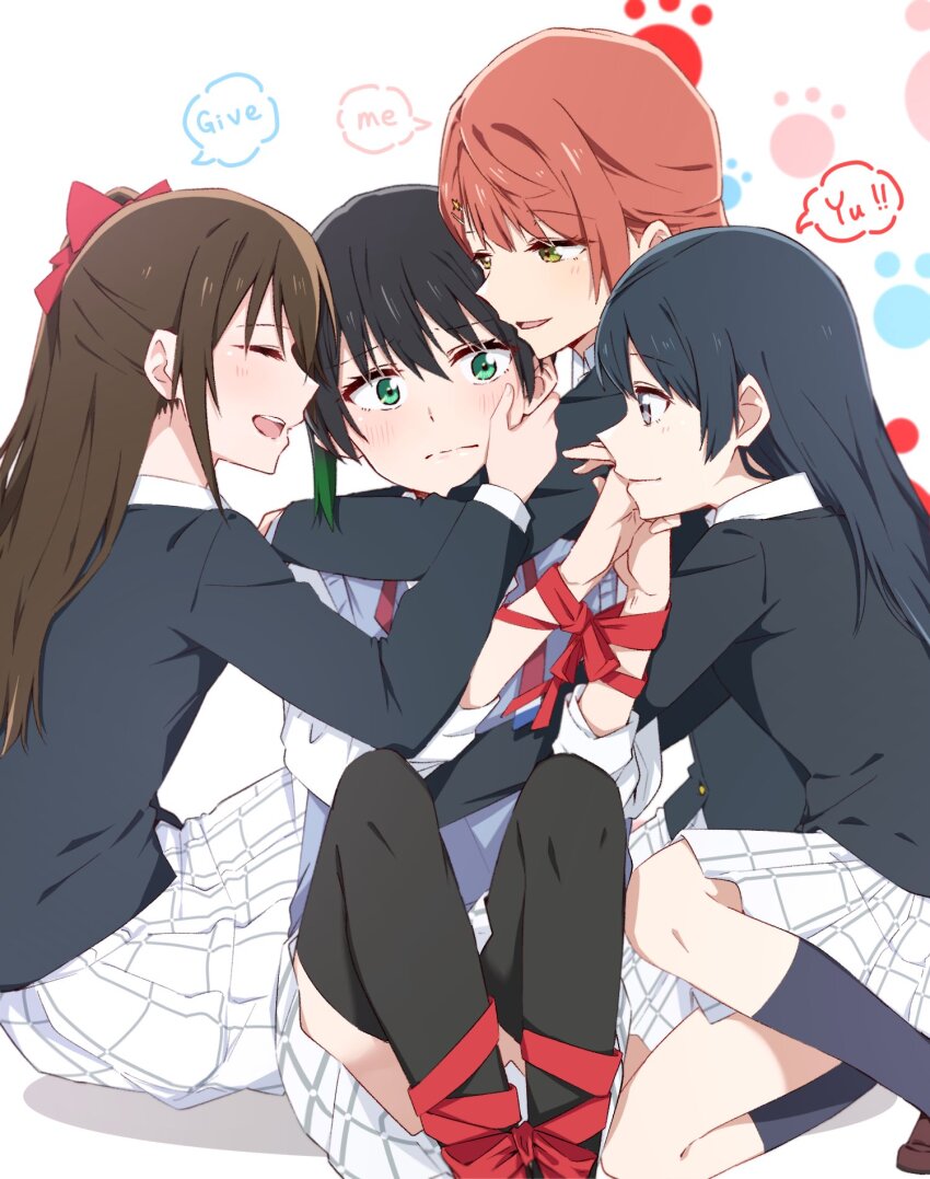 4girls, affectionate_harem, azuna_(love_live!), black_hair, black_jacket, black_thighhighs, blue_vest, blush