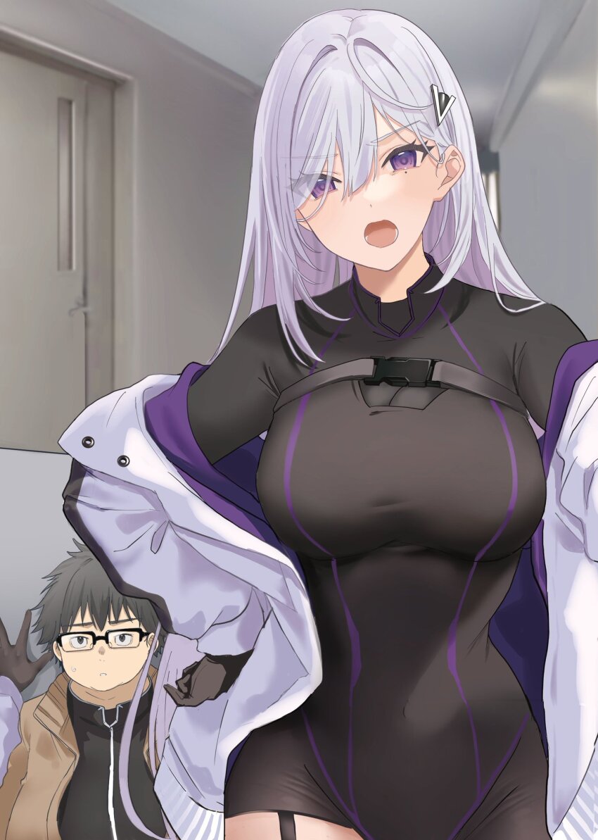 1boy, 1girl, against_wall, belt, black_bodysuit, black_eyes, black_hair, bodysuit