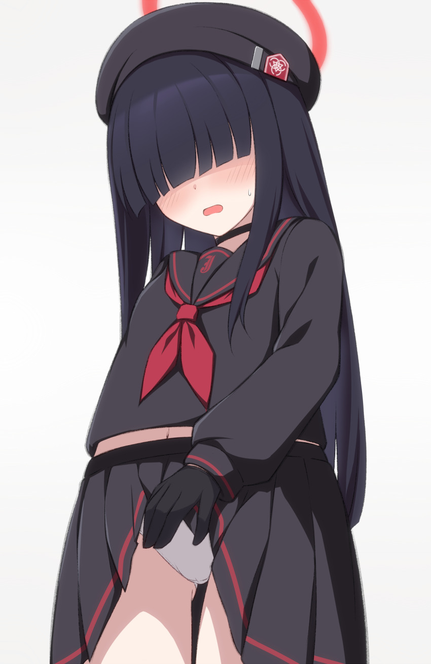 1girl, asagi_nanami, black_hair, black_serafuku, black_skirt, blue_archive, clothes_lift, gradient_background