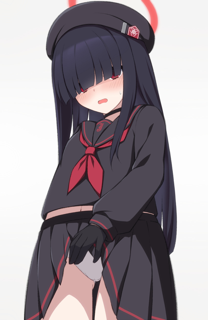 1girl, asagi_nanami, black_hair, black_serafuku, black_skirt, blue_archive, blush, clothes_lift