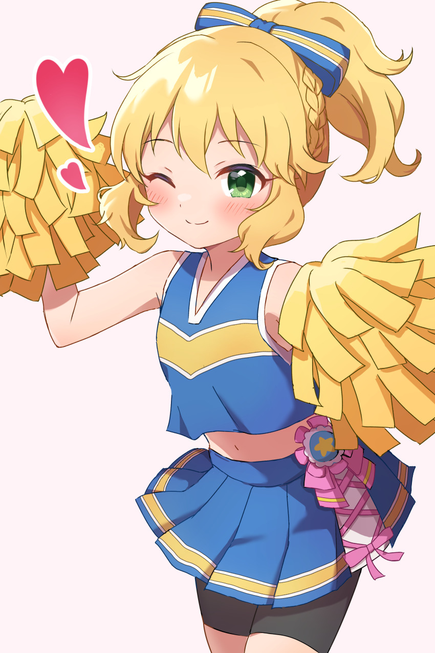 1girl, ;), absurdres, bike_shorts, bike_shorts_under_skirt, blonde_hair, blush, bow