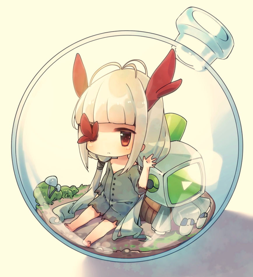 1girl, barefoot, black_dress, blonde_hair, blunt_bangs, blush, bottle, buttons, chibi, closed_mouth, commentary_request, dirt, dress, full_body, glass_bottle, grey_hair, hand_up, horns, in_bottle, in_container, long_hair, looking_at_viewer, low_twintails, missing_eye, mushroom, outstretched_legs, red_eyes, robot, robot_(void_terrarium), shadow, short_dress, sidelocks, simple_background, sitting, toriko_(void_terrarium), torn_clothes, torn_dress, totoppo, twintails, very_long_hair, void_terrarium, white_background
