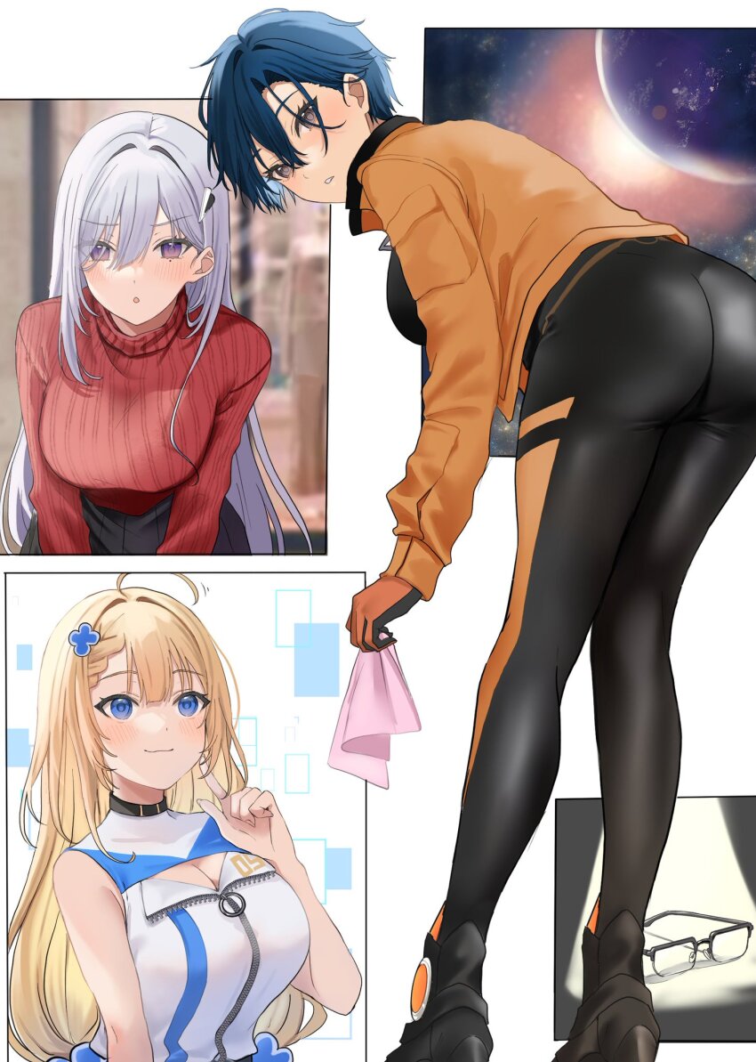 3girls, ahoge, ass, bent_over, blonde_hair, blue_eyes, blue_hair, blue_skirt, blush, bodysuit, breasts, brown_eyes, cleavage, textless_cover_page, fialka_tiursad, finger_to_cheek, glasses, hair_ornament, hamu_(plot_sy), handkerchief, highres, holding, holding_handkerchief, jacket, kimoota_mob_youhei_wa_minohodo_o_ben_(waki_ma)_eru, large_breasts, long_hair, mole, mole_under_eye, multiple_girls, orange_jacket, planet, red_sweater, ribbed_sweater, rossweisse_(mob_youhei), short_hair, skirt, skoona_noswile, sweater, unworn_eyewear, very_long_hair, white_hair