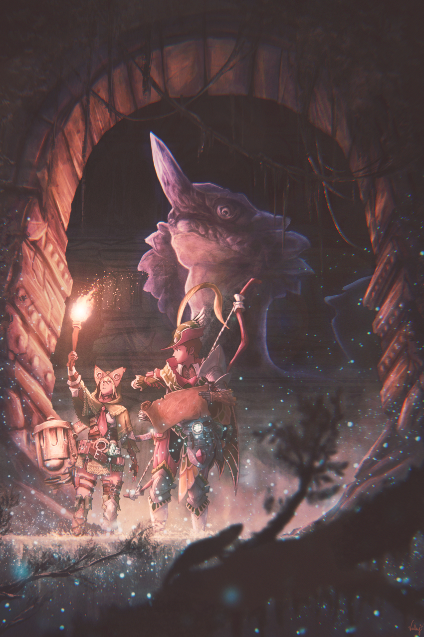 1boy, 1girl, absurdres, arch, armor, armored_boots, ascot, belt, blurry, blurry_foreground, boots, bow_(weapon), branch, capelet, chameleos, commentary, depth_of_field, english_commentary, faulds, fireflies, gloves, hammer, hat, hat_feather, highres, holding, holding_torch, hood, hood_up, light_particles, maccao_(armor), map, monster, monster_hunter_(series), pauldrons, plant, pukei-pukei_(armor), ruins, short_hair, shoulder_armor, single_pauldron, thigh_boots, torch, turning_head, valky_uniguri, vines, walking, weapon, weapon_on_back