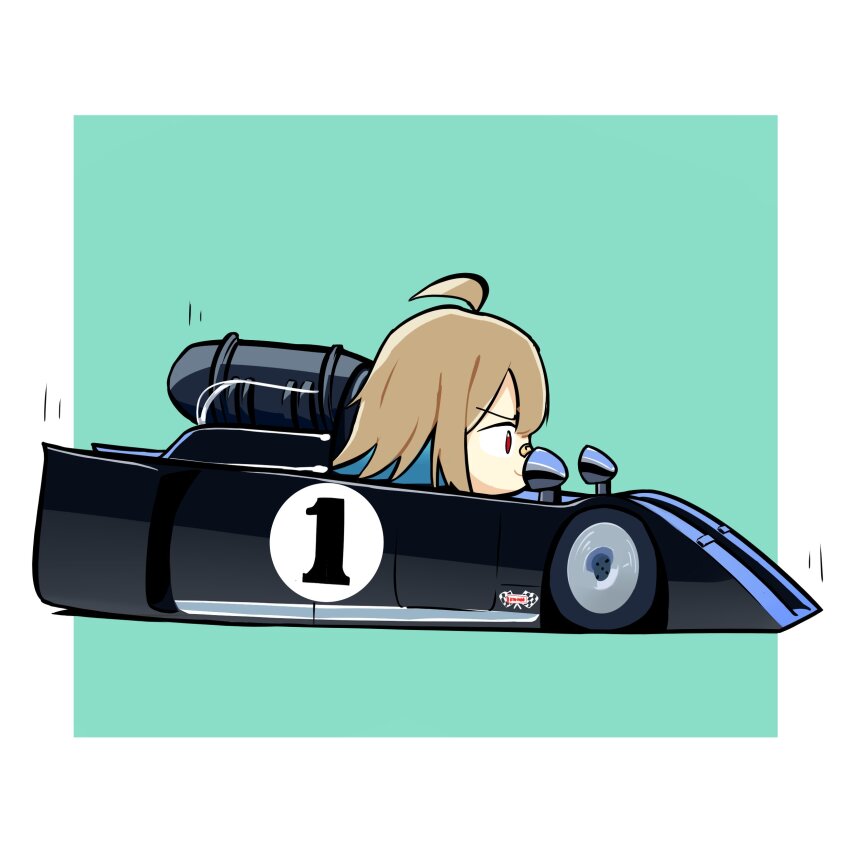 1girl, absurdres, bandaid, bandaid_on_face, bandaid_on_nose, blue_hair, brown_hair, can-am_(motorsports), chibi, colored_inner_hair, cowlick, do_it_yourself!!, driving, duz, from_side, green_background, highres, multicolored_hair, red_eyes, shadow_mk1, short_hair, smile, solo, v-shaped_eyebrows, vehicle_focus, yua_serufu