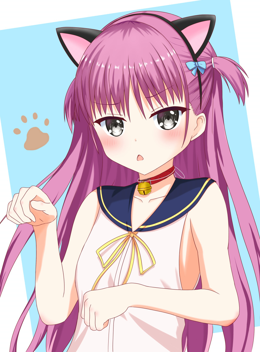 1230_mochi, 1girl, :<, absurdres, animal_ears, aqua_bow, bare_arms, bell