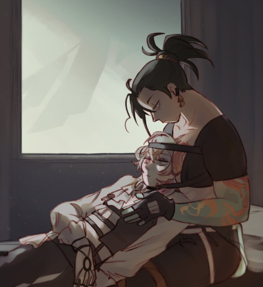 2boys, arm_tattoo, artist_collaboration, backlighting, between_pectorals, black_hair, blue_eyes, blue_hair, blue_skin, chest_tattoo, colored_skin, earrings, epit4ph, fingerless_gloves, frilled_shirt, frills, from_side, gavis_bettel, gavis_bettel_(2nd_costume), gloves, gradient_skin, grey_hair, head_under_another's_clothes, heterochromia, high_ponytail, highres, holostars, holostars_english, inchells, jewelry, josuiji_shinri, light_particles, long_hair, looking_at_another, looking_down, lying_on_lap, lying_on_person, male_focus, multicolored_hair, multiple_boys, muscular, muscular_male, on_bed, pants, pectorals, pink_eyes, pink_hair, ponytail, shirt, short_hair, sitting, tassel, tassel_earrings, tattoo, under_another's_clothes, virtual_youtuber, white_shirt, window, yaoi